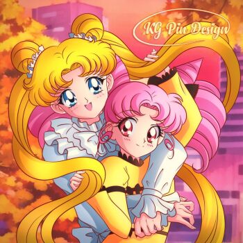 2girls autumn bishoujo_senshi_sailor_moon blonde_hair blue_dress blue_eyes chibi_usa cone_hair_bun double_bun dress frilled_dress frills hair_bun hug k.g.fantasy kgfantasy long_hair long_sleeves medium_hair multiple_girls parted_bangs pink_eyes pink_hair pink_sky sky smile tsukino_usagi twintails very_long_hair yellow_dress