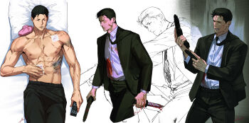 Rule 34 | 1boy, abs, absurdres, bara, black hair, black pants, blood, blood on clothes, blood on face, cigarette, clenched teeth, collared shirt, controller, fatcat, gun, highres, holding, holding gun, holding knife, holding remote control, holding weapon, injury, jacket, knife, large pectorals, lying, male focus, mito youhei, multiple views, muscular, muscular male, navel, necktie, nipples, on back, open clothes, open jacket, pants, pectorals, remote control, shirt, short hair, slam dunk (series), teeth, topless male, weapon, white shirt