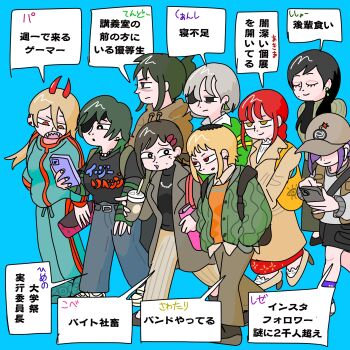 Rule 34 | backpack, bag, black eyes, black hair, black shorts, blonde hair, braid, braided ponytail, breasts, brown hoodie, cargo shorts, cellphone, chainsaw man, character request, closed eyes, coat, commentary request, ear piercing, earrings, green jacket, green sweater, grey coat, grey hair, handbag, hands in pockets, hat over eyes, higashiyama kobeni, high heels, highres, himeno (chainsaw man), holding, holding phone, hood, hoodie, jacket, jewelry, kobemizawa, large breasts, long coat, long hair, makima (chainsaw man), mole, mole under eye, multicolored hair, multiple moles, orange eyes, pants, phone, piercing, ponytail, power (chainsaw man), purple hair, quanxi (chainsaw man), red eyes, red hair, reze (chainsaw man), roots (hair), sawatari akane (chainsaw man), sharp teeth, shoes, short hair, shorts, smartphone, sneakers, sweater, teeth, tendou michiko, track jacket, track pants, track suit, translation request, two-tone hair, yellow eyes