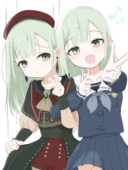 2girls animal_ears bang_dream! bang_dream!_it&#039;s_mygo!!!!! beret black_corset black_skirt blue_shirt blue_skirt commentary corset double_v dress green_hair grey_neckerchief hat highres locked_arms long_hair melty_lubll mortis_(bang_dream!) mortis_(costume)_(bang_dream!) mortis_(persona)_(bang_dream!) multiple_girls musical_note neckerchief puppet_strings red_hat red_shorts school_uniform shirt shorts simple_background skirt skirt_hold tsukinomori_school_uniform v wakaba_mutsumi white_background yellow_eyes