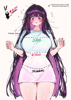 Rule 34 | 1girl, alternate costume, black hair, blush, breasts, commentary, cut-here line, english commentary, english text, fern (sousou no frieren), fingernails, hands up, highres, large breasts, like and retweet, long hair, multicolored hair, nail polish, nixeu, open mouth, patreon username, pink nails, purple eyes, purple hair, shirt, simple background, solo, sousou no frieren, sweat, twitter cutting game, very long hair, watermark, web address, white background, white shirt