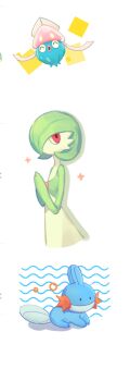 ._. 1girl :o ^_^ black_eyes blank_eyes bob_cut closed_eyes closed_mouth colored_skin ditto female_focus flat_chest from_side gardevoir gen_1_pokemon gen_3_pokemon gen_6_pokemon green_hair green_skin hair_over_one_eye hands_up happy inkay looking_back mudkip multicolored_skin niangao_ren nintendo one_eye_covered own_hands_together pokemon pokemon_(creature) red_eyes short_hair simple_background sitting standing transformed_ditto two-tone_skin white_background white_skin