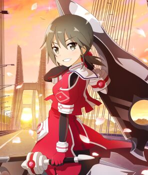 1girl blush breasts bridge brown_eyes brown_hair cherry_blossoms cloud coattails cowboy_shot dot_nose double-parted_bangs dress evening falling_petals from_behind game_cg gem gloves grin hand_up holding holding_blade holding_sword holding_weapon looking_at_viewer looking_back magical_girl medium_hair minowa_gin official_art orange_sky outdoors over_shoulder petals pink_gem pink_petals ponytail red_dress red_gloves road short_ponytail sky small_breasts smile solo sparkle street sunset suspension_bridge sword tailcoat third-party_source toji_no_miko toji_no_miko:_kizamishi_issen_no_tomoshibi weapon weapon_over_shoulder yuuki_yuuna_wa_yuusha_de_aru yuusha_de_aru