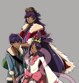 1girl 2boys cape crown dark-skinned_female dark-skinned_male dark_skin dress genkiboyss hop_(pokemon) implied_kinship iris_(pokemon) jacket leon_(pokemon) long_hair maroon_eyes multiple_boys nintendo pokemon pokemon_(anime) pokemon_bw pokemon_bw_(anime) pokemon_journeys pokemon_swsh purple_hair very_long_hair yellow_eyes