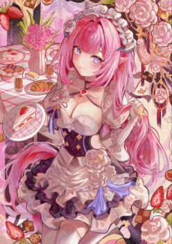 1girl apron black_dress black_horns blue_eyes breasts cake cake_slice cleavage dress drink elf elysia_(honkai_impact) elysia_(miss_pink)_(honkai_impact) elysia_(miss_pink_elf)_(honkai_impact) fake_horns flower food gloves hashtag-only_commentary highres holding holding_plate honkai_(series) honkai_impact_3rd horns large_breasts long_hair looking_at_viewer maid maid_apron maid_headdress official_alternate_costume pink_flower pink_hair pink_rose plate pointy_ears rose runramon smile solo thighhighs thighs twitter_username very_long_hair white_apron white_flower white_gloves white_rose white_thighhighs