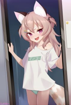 1girl absurdres animal_ear_fluff animal_ears artist_name brown_hair cameltoe character_name chenki_(chenki) fang green_panties highres komachi_panko komachi_panko_(4th_costume) long_hair looking_at_viewer no_pants open_mouth panties phase_connect purple_eyes red_panda_ears red_panda_girl red_panda_tail shirt single_bare_shoulder smile solo tail thick_eyebrows twitter_username underwear virtual_youtuber white_shirt