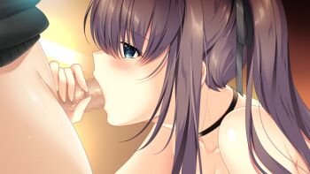 1boy 1girl black_choker black_ribbon blue_eyes blush brown_hair censored choker collarbone fellatio from_side game_cg hair_between_eyes hair_ribbon hetero jk_imouto. long_hair mosaic_censoring oral penis profile ribbon side_ponytail tonomiya_tsumugi yoppy