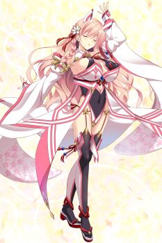 1girl animal_ears arm_up blush braid breasts chikubi_(artist) cleavage closed_eyes covered_erect_nipples covered_navel detached_sleeves fingerless_gloves flower full_body game_cg garter_straps gloves hair_flower hair_ornament highleg highleg_leotard highres huge_breasts japanese_clothes kusarou large_variant_set leotard long_hair magical_girl mahou_shoujo_inori morita_ouka non-web_source official_art parted_lips pink_hair ribbon sandals side_braid solo standing thighhighs variant_set wide_sleeves