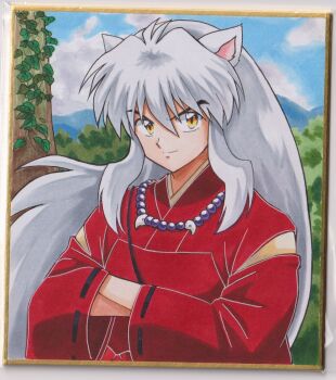 Rule 34 | >:), 1boy, animal ears, bead necklace, beads, chikoto (kztc4472), closed mouth, cloud, cloudy sky, commentary, crossed arms, day, dog boy, dog ears, forest, hair between eyes, hands in opposite sleeves, highres, inuyasha, inuyasha (character), japanese clothes, jewelry, kimono, leaf, long hair, long sidelocks, long sleeves, looking at viewer, male focus, mountainous horizon, nature, necklace, outdoors, photo (medium), picture frame, red kimono, sidelocks, sky, smile, solo, tooth necklace, traditional media, tree, upper body, v-shaped eyebrows, white hair, wide sleeves, yellow eyes