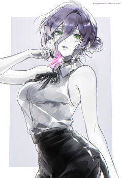 1girl absurdres bilingual_commentary black_choker black_ribbon black_skirt border breasts chainsaw_man choker collared_shirt commentary green_eyes hair_between_eyes highres long_hair_between_eyes looking_at_viewer medium_breasts mixed-language_commentary neck_ribbon outside_border parted_lips purple_hair reze_(chainsaw_man) ribbon shirt short_hair sidelocks skirt sleeveless sleeveless_shirt solo white_border white_shirt ying_haram