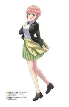 1girl :d anime_coloring artist_request black_jacket black_shoes blazer blue_eyes blush breasts cardigan cardigan_around_waist clothes_around_waist collared_shirt commentary_request full_body go-toubun_no_hanayome green_skirt jacket large_breasts looking_at_viewer nakano_ichika open_mouth pink_hair pleated_skirt school_uniform shirt shoes short_hair simple_background skirt smile solo white_background white_shirt yellow_cardigan