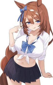 1girl absurdres alternate_costume animal_ears astroglia_cyte blue_bow blue_eyes blue_nails blush bow braid braided_ponytail breasts brown_hair cleavage collarbone collared_shirt commentary_request cowboy_shot ear_bow hair_between_eyes highres horse_ears horse_girl large_breasts long_hair looking_at_viewer low-tied_long_hair midriff miniskirt multicolored_hair navel pleated_skirt school_uniform shirt simple_background skirt sleeves_rolled_up smile solo streaked_hair super_creek_(umamusume) tied_shirt tongue tongue_out umamusume v very_long_hair white_background white_hair white_shirt