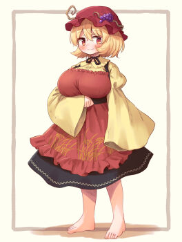 Rule 34 | 1girl, aki minoriko, alternate breast size (larger), apron, arinu, arm under breasts, barefoot, black choker, black skirt, blonde hair, blush, breasts, choker, closed mouth, commentary request, full body, grape hat ornament, hat, highres, huge breasts, long sleeves, looking at viewer, mob cap, orange apron, orange eyes, red hat, ribbon choker, shirt, short hair, skirt, smile, solo, toes, touhou, wheat print, wide sleeves, yellow shirt