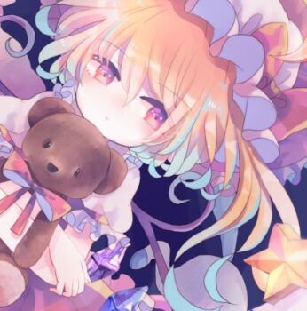 1girl bat_wings blonde_hair crystal flandre_scarlet hat hat_ribbon hiyuu_(hiyualice) holding lowres mob_cap multicolored_wings one_side_up puffy_short_sleeves puffy_sleeves red_eyes red_vest ribbon short_sleeves side_ponytail skirt skirt_set solo star_(sky) star_(symbol) stuffed_animal stuffed_toy teddy_bear touhou vest white_hat wings