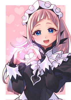 1girl apron blue_eyes commentary_request feather_trim felicia_(fire_emblem) fire_emblem fire_emblem_fates heart heart_hands highres long_sleeves looking_at_viewer maid maid_apron maid_headdress nintendo nohrian_maid_uniform pink_hair ponytail smile solo teitokunanodesu
