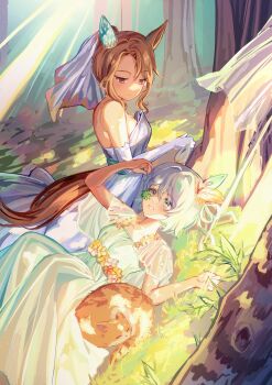 2girls absurdres animal_ears bare_shoulders blue_eyes blush breasts brown_hair camellia_(camel_mal) cat closed_mouth dress ear_covers elbow_gloves flower gloves grass green_dress grey_hair hair_between_eyes hair_ornament highres holding horse_ears horse_girl horse_tail king_halo_(evergreen_identity)_(umamusume) king_halo_(umamusume) lying multiple_girls official_alternate_costume on_back open_mouth outdoors red_eyes see-through_clothes see-through_sleeves seiun_sky_(umamusume) short_hair short_sleeves single_ear_cover smile strapless strapless_dress tail tree umamusume veil wedding_dress white_dress white_gloves white_veil