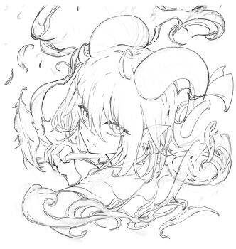 1girl absurdres ahoge closed_mouth earrings feathers from_behind greyscale highres holding holding_spoon horn_ornament horn_ribbon horns jewelry looking_back monochrome over_shoulder pointy_ears ribbon sashimi_oniku sheep_horns short_hair solo spoon touhou toutetsu_yuuma