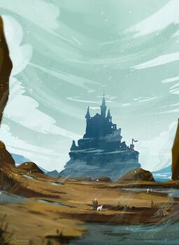 1other atmospheric_perspective blonde_hair blue_sky cane castle cliff cloud cloudy_sky dog from_behind full_body hill mountainous_horizon original outdoors painterly path road scenery silhouette size_difference sky zandra