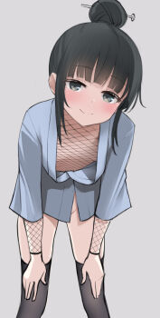 1girl bent_over black_eyes black_thighhighs breasts closed_mouth commentary_request grey_background hair_bun hair_ornament hair_stick hands_on_own_knees highres japanese_clothes kanzaki_muyu kunoichi_tsubaki_no_mune_no_uchi loli looking_at_viewer mokuren_(kunoichi_tsubaki_no_mune_no_uchi) ninja no_panties short_hair sidelocks simple_background small_breasts smile solo standing thighhighs