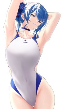 1girl alternate_costume armpits arms_up blue_choker blue_eyes blue_hair choker clenched_teeth commentary covered_navel highres hololive hoshimachi_suisei one-piece_swimsuit presenting_armpit si_farid simple_background solo star_(symbol) star_in_eye swimsuit symbol-only_commentary symbol_in_eye teeth virtual_youtuber white_background white_one-piece_swimsuit