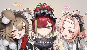 +++ 3girls absurdres ahoge animal_ear_fluff animal_ears arknights bandaid bandaid_on_face bare_shoulders blue_nails blush brown_background brown_eyes caper_(arknights) commentary_request dress earrings ears_through_hood fang feather_earrings feathers gloves green_hair highres hood hood_up jewelry landl laughing looking_at_viewer multicolored_hair multiple_girls off-shoulder_dress off_shoulder open_mouth orange_eyes pink_hair pointing pointing_at_viewer pointy_ears pom_pom_(clothes) rabbit_ears rabbit_girl red_eyes red_gloves red_hair rose_salt_(arknights) shirt streaked_hair tecno_(arknights) teeth upper_teeth_only white_shirt