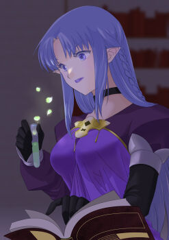 1girl absurdres andrew3 black_choker blurry blurry_background book bookshelf braid breasts choker dress fate/grand_order fate_(series) gloves green_liquid highres long_hair long_sleeves medea_(caster)_(fate) medea_(fate) pointy_ears potion purple_eyes purple_hair side_braid solo