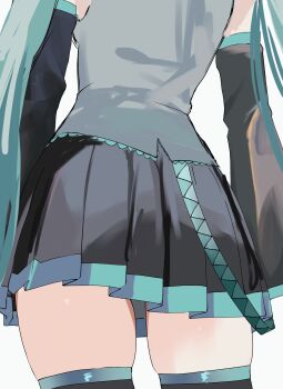 1girl aqua_hair ass ass_focus black_skirt commentary detached_sleeves from_behind grey_shirt hatsune_miku head_out_of_frame highres long_hair lower_body mamekiti_k pleated_skirt shirt simple_background skindentation skirt solo thigh_focus thighhighs thighs unfinished vocaloid white_background zettai_ryouiki
