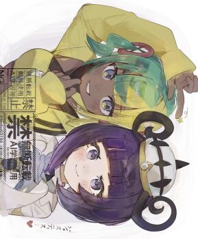2girls aqua_hair bandeau black_hair black_mask blonde_hair blue_eyes blue_gloves blunt_bangs blush breasts canari_(pokemon) closed_mouth coat criss-cross_halter criss-cross_straps crop_top gloves grin gwynn_(pokemon) halterneck hat heart highres jacket looking_at_viewer mask mask_pull mega_stone mouth_mask multicolored_hair multiple_girls nintendo open_mouth pokemon pokemon_legends:_z-a purple_eyes purple_hair short_hair short_twintails sideways simple_background smile split-color_hair star_(symbol) teeth tonbo_(tonbo63194) twintails two-tone_hair two-tone_mask upper_body white_background white_coat yellow_bandeau yellow_jacket yellow_mask