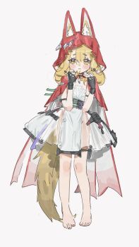 1girl animal_ear_fluff animal_ears animal_hood arknights arknights:_endfield barefoot black_gloves blonde_hair blush cape commentary dress ears_through_hood fingerless_gloves full_body gloves grey_background groin hands_up highres hood hood_up hooded_cape loli medium_hair nemo_(leafnight) no_panties playing_with_own_hair raised_inner_eyebrows red_cape rossi_(arknights) simple_background sketch solo standing tail toes untranslatable_commentary wavy_mouth white_dress wolf_ears wolf_girl wolf_tail yellow_eyes