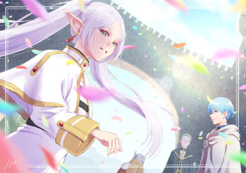 10ttruck 1girl 3boys blue_eyes blue_hair capelet castle confetti dress dutch_angle dwarf eisen_(sousou_no_frieren) elf frieren green_eyes heiter highres himmel_(sousou_no_frieren) looking_at_viewer multiple_boys old old_man outdoors pointy_ears smile solo_focus sousou_no_frieren stone_wall twintails white_dress white_hair