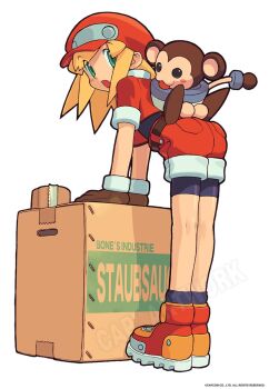 bent_over beret blonde_hair box newsboy_cap cardboard_box data_(mega_man) duct_tape gloves green_eyes hat highres ishikawa_hideki mega_man_(series) mega_man_legends_(series) monkey monkey_tail roll_caskett_(mega_man) shoes shorts tail