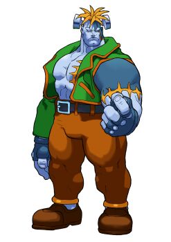 Rule 34 | 1boy, absurdres, belt, bengus, blonde hair, blue skin, bolt (hardware), brown shoes, colored skin, darkstalkers, fingerless gloves, full body, game cg, gloves, highres, jacket, male focus, non-web source, official art, open clothes, open jacket, pants, scar, scar on arm, scar on chest, scar on face, shoes, simple background, solo, spiked hair, vampire savior: the lord of vampire, victor von gerdenheim, white background