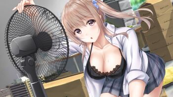 1girl :o amazon_(company) black_bra blush box bra breasts brown_hair cardboard_box cleavage collarbone dress_shirt electric_fan floating_hair furrowed_brow grey_skirt hazuki_gyokuto highres indoors lace lace_bra large_breasts leaning_forward looking_at_viewer open_clothes open_shirt original parted_lips plaid_clothes plaid_skirt pleated_skirt ponytail purple_eyes ribbon router scrunchie shirt side_ponytail sidelocks skirt sleeves_rolled_up solo sweat table underwear white_shirt wind
