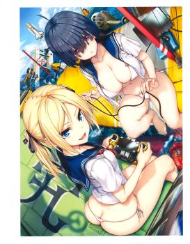 2girls absurdres ahoge artist_request ass bare_legs barefoot bikini bikini_under_clothes black_hair blonde_hair blue_eyes border breasts butt_crack cleavage controller dimples_of_venus dutch_angle eshi_100_nin_ten eyes_visible_through_hair fang fisheye from_side hair_over_eyes hair_ribbon highres long_hair looking_at_viewer mae_uta mae_uta multiple_girls navel no_pants open_clothes open_shirt original parted_lips red_eyes ribbon sailor_collar sailor_shirt scan school_uniform serafuku shirt short_hair side-tie_bikini_bottom sitting small_breasts smirk space_shuttle spacecraft string_bikini swimsuit tablet_pc thong tsurime twintails white_bikini