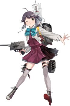 1girl adapted_turret ahoge aqua_bow aqua_bowtie blue_eyes boots bow bowtie dress fujikawa full_body game_cg gradient_hair grey_hair grey_thighhighs hair_ribbon halter_dress halterneck hayanami_(kancolle) hayanami_kai_ni_(kancolle) kantai_collection lace-up_boots looking_at_viewer multicolored_hair official_art one_eye_closed purple_dress ribbon rigging short_hair smokestack solo thighhighs transparent_background