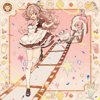1girl apron at-home_cafe brown_eyes brown_hair film food highres parfait two_side_up white_apron