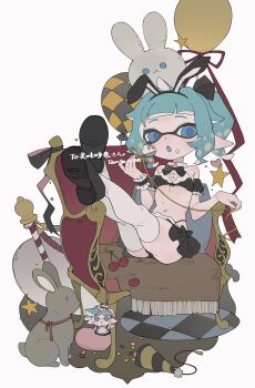 1girl animal_ears armchair balloon blue_eyes blue_hair bow bowtie breasts chair cherry confetti crossed_legs cushion detached_collar doll eating fake_animal_ears fangs food food_on_face frosting fruit gomi20021021 hairband hat holding holding_spoon inkling inkling_player_character legs_up looking_at_viewer marie_(splatoon) mary_janes nintendo open_mouth party_hat pillow pointy_ears rabbit rabbit_ears ribbon shoes sitting skirt small_breasts solo splatoon_(series) spoon tentacle_hair thighhighs thong throne