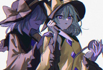 2girls annin_cha backlighting behind_another black_hat blouse blue_eyes bow bright_pupils buttons chromatic_aberration clone dark_persona diamond_button double-parted_bangs evil_smile faceless faceless_female frilled_shirt_collar frilled_sleeves frills furrowed_brow green_hair hair_between_eyes hand_on_another&#039;s_hand hand_on_another&#039;s_shoulder hat hat_bow highres holding holding_knife kitchen_knife knife komeiji_koishi long_sleeves looking_down multiple_girls no_eyes open_mouth puritan_collar reverse_grip shirt short_hair smile tearing_up tears third_eye touhou white_background white_pupils wide_sleeves yellow_bow yellow_shirt