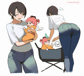 2girls :d aged_down ass baby bell black_hair blue_pants breasts carrying carrying_baby carrying_person closed_eyes commentary cropped_legs denim flying_sweatdrops green_eyes hair_bell hair_ornament hairclip highres holding holding_sword holding_weapon hololive jeans jingle_bell large_breasts middle_finger minecraft_sword multiple_girls one_side_up oozora_subaru open_mouth pants pink_hair sakura_miko shirt short_hair simple_background smile swept_bangs sword t-shirt tomatoketchup96 virtual_youtuber weapon white_background white_shirt x_hair_ornament