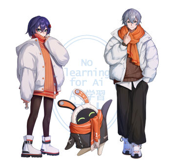 1boy 1girl absurdres adjusting_clothes bangboo_(zenless_zone_zero) belle_(zenless_zone_zero) black_pants blue_hair blush brother_and_sister brown_pantyhose brown_sweater closed_mouth commentary crossed_bangs english_commentary eous_(zenless_zone_zero) green_eyes grey_hair hair_between_eyes hair_ornament hand_in_pocket highres jacket letter_hair_ornament looking_at_viewer open_clothes orange_scarf orange_sweater pants pantyhose parted_lips scarf shoes siblings simple_background smile sweater turtleneck turtleneck_sweater watch white_background white_jacket white_shoes wise_(zenless_zone_zero) wristwatch yger zenless_zone_zero