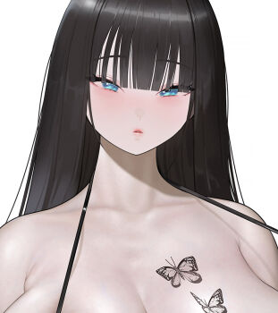 1girl bare_shoulders bikini black_bikini black_hair blue_eyes blunt_bangs blush breast_tattoo breasts bug butterfly butterfly_tattoo cleavage close-up collarbone commentary_request gonggong_ill halterneck huge_breasts insect korean_commentary large_breasts lips long_hair looking_at_viewer original parted_lips simple_background solo swimsuit tattoo upper_body veins veiny_breasts white_background