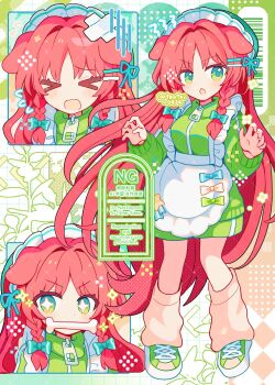 >_< +_+ 1girl :o animal_ears apron blush bone bone_in_mouth braid closed_eyes commentary dog_ears dog_girl fang flat_chest frilled_apron frills full_body green_eyes green_jacket green_shoes highres hong_meiling jacket jersey_maid kemonomimi_mode long_hair long_sleeves looking_at_viewer loose_socks maid maid_headdress open_mouth pink_socks red_hair shirocha_tei shoes skin_fang sneakers socks standing touhou track_jacket twin_braids twitter_username unconventional_maid v-shaped_eyebrows very_long_hair watermark white_apron zipper