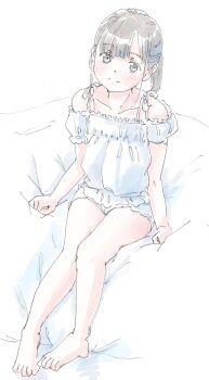 1girl bare_shoulders barefoot bed_sheet blunt_bangs blush brown_eyes brown_hair cameltoe closed_mouth collarbone dot_nose double-parted_bangs full_body hair_between_eyes head_tilt highres loli nightgown original poranka_(porankaran) puffy_short_sleeves puffy_sleeves sheet_grab short_hair short_sleeves smile solo thighs two_side_up