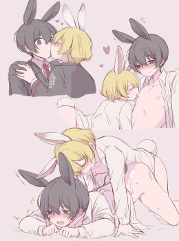 2boys ^^^ animal_ears arched_back bags_under_eyes bishounen black_coat black_eyes black_hair blonde_hair blush closed_eyes coat collarbone collared_shirt commentary convenient_censoring cum cum_on_ass cum_on_body cum_on_legs drooling from_side grey_background hair_between_eyes hand_on_another&#039;s_shoulder heart highres implied_penetration kemonomimi_mode kiss licking licking_nipple limbus_company long_sleeves loose_hair_strand male_focus marbornath multiple_boys multiple_views naked_shirt navel necktie nipple_stimulation no_gloves on_grass open_clothes open_mouth open_shirt pale_color project_moon rabbit_boy rabbit_ears rabbit_tail raised_inner_eyebrows red_necktie sex sex_from_behind shirt short_hair simple_background sinclair_(project_moon) surprise_kiss surprised sweat tail tearing_up thighs tongue tongue_out top-down_bottom-up torogao twitching white_shirt yaoi yi_sang_(project_moon)