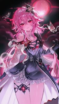 1girl aaaa665951 absurdres asymmetrical_sleeves buttons collar dress earrings evernight_(honkai:_star_rail) flower frilled_dress frills gloves hair_flower hair_intakes hair_ornament hairclip hashtag-only_commentary highres honkai:_star_rail honkai_(series) jewelry layered_dress long_hair looking_at_viewer march_7th_(honkai:_star_rail) mismatched_sleeves moon parallel_hairclips pink_hair red_eyes single_bare_shoulder single_earring thigh_strap thighs very_long_hair