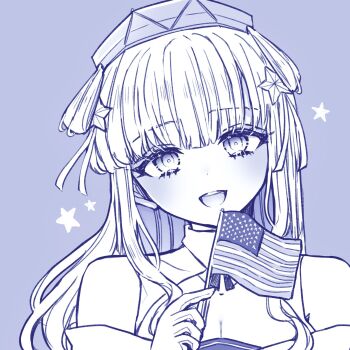 Rule 34 | 1girl, american flag, bare shoulders, blue theme, blush, breasts, cleavage, commentary request, eyelashes, flag, fletcher (kancolle), gloves, hair between eyes, hair ornament, highres, holding, holding flag, kantai collection, long hair, looking at viewer, mini flag, monochrome, nagi kantai114, open mouth, ribbon, simple background, solo, star (symbol), star hair ornament, star in eye, symbol in eye, upper body