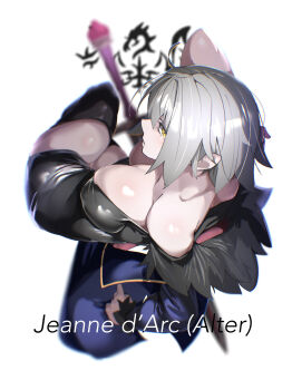 1girl bare_shoulders black_boots black_dress blue_coat blush boots breasts character_name cleavage coat commentary_request dress fate/grand_order fate_(series) fur-trimmed_coat fur_trim grey_hair highres jeanne_d'arc_alter_(avenger)_(fate) jeanne_d'arc_alter_(fate) jeanne_d'arc_alter_(ver._shinjuku_1999)_(fate) large_breasts long_sleeves looking_at_viewer off_shoulder open_clothes open_coat ri_o_ne_su short_dress short_hair solo sword thigh_boots thighs weapon yellow_eyes