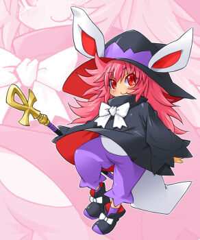 1girl animal_ear_headwear animal_ears black_dress black_hat black_shoes bow child closed_mouth dress dress_bow fake_animal_ears hat holding holding_staff kageyama_shinobi long_hair magiko_magika mahoutsukai_magiko pants pants_under_dress pink_hair purple_pants purple_socks red_eyes shinrabanshou shirt_under_dress shoes socks solo staff white_bow witch witch_hat zoom_layer