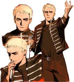 1boy belt black_belt black_jacket black_pants black_shirt blonde_hair closed_eyes closed_mouth cowboy_shot cropped_shoulders dolman_(jacket) eyeshadow gerard_way green_eyes hand_up highres holding holding_microphone jacket kunnuscumnus looking_at_viewer makeup microphone mole mole_on_cheek multiple_views my_chemical_romance open_clothes open_jacket pants real_life shirt shirt_tucked_in short_hair simple_background sketch smokey_eyeshadow white_background white_trim