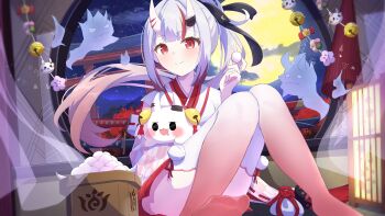 Rule 34 | 1girl, absurdres, bare arms, bell, commentary request, food, hair between horns, highres, holding, holding food, hololive, japanese clothes, karma (nakiri ayame), looking at viewer, mk haku, moon, multicolored hair, nakiri ayame, nakiri ayame (shrine maiden), official alternate costume, oni, pom pom (clothes), poyoyo (nakiri ayame), red eyes, red hair, smile, torii, virtual youtuber, white hair